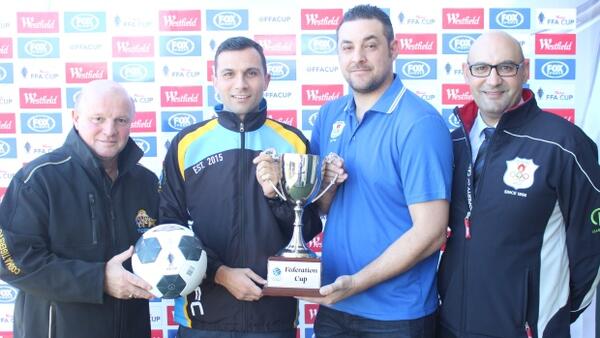 From left to right: Tigers FC Head Coach Gaby Wilk, Tigers FC Captain Goran Josifovski, Olympic Captain Angelo Konstantinou, Olympic Head Coach Frank Cachia