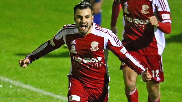 Hume City star Theo Markelis celebrates one of his two goals against Oakleigh Cannons.