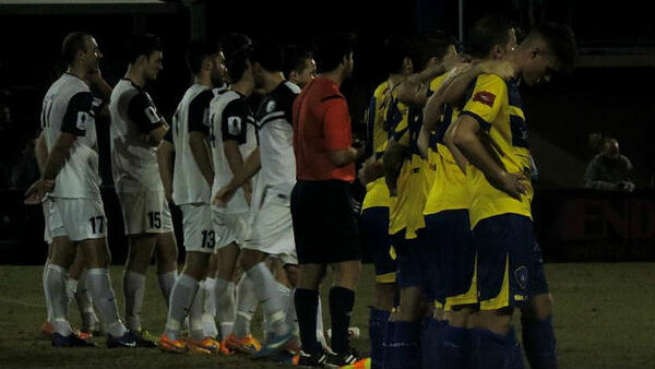Palm Beach Sharks and Broadbeach United players line up for their shoot-out. Image courtesy Rob Morris