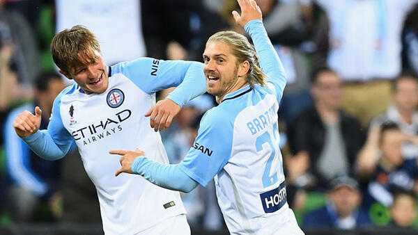 City star Luke Brattan celebrates after scoring against Victory in the FFA Cup Semi-Final.