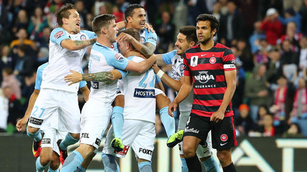 City players celebrate a goal in their Quarter-Final win over Western Sydney Wanderers.