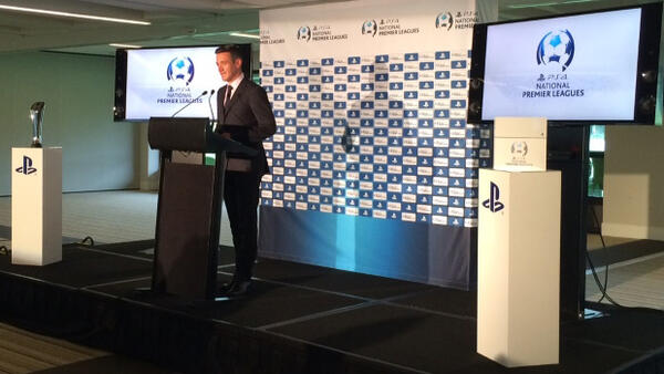 Michael Zappone speaks at the launch of the PlayStation 4 National Premier Leagues 2014 Final Series.