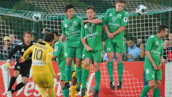 Perth Glory number 10 Nebosja Marinkovic unleashes an unstoppable free kick against Bentleigh Greens.