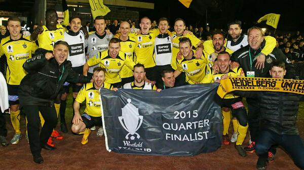 Heidelberg United celebrate their 2-0 win at Melbourne’s Olympic Village to be the first NPL side into the Westfield FFA Cup's last eight.