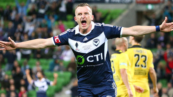 Besart Berisha celebrates scoring the second in Victory's 2-0 win over Perth Glory.