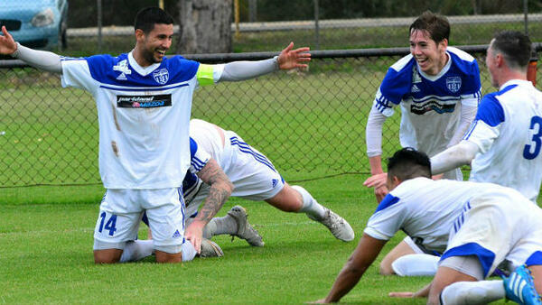 Floreat Athena's Ludo Boi celebrates with teammates. Photo courtesy: Brett Klucznik
