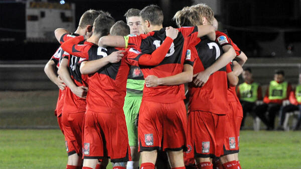 Redlands United players ahead of kick-off in their Round of 32 win over Adelaide United.