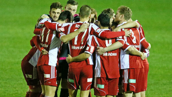 Hume City players before kick-off in their Westfield FFA Cup Round of 32 clash against Brisbane Strikers.