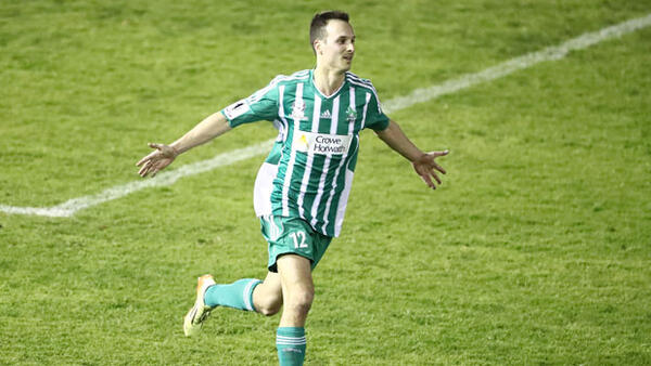 Green Gully star Nicholas Krousoratis celebrates scoring against Melbourne Knights.