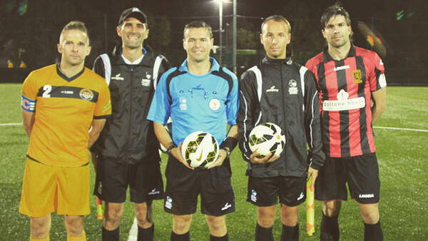 Balmain Tigers Captain Tom Hyde (left) and Bankstown City captain Michael Beauchamp (far right).