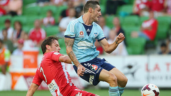 Corey Gameiro of Sydney FC challenges for the ball with Melbourne City's Rob Wielaert in 2013.