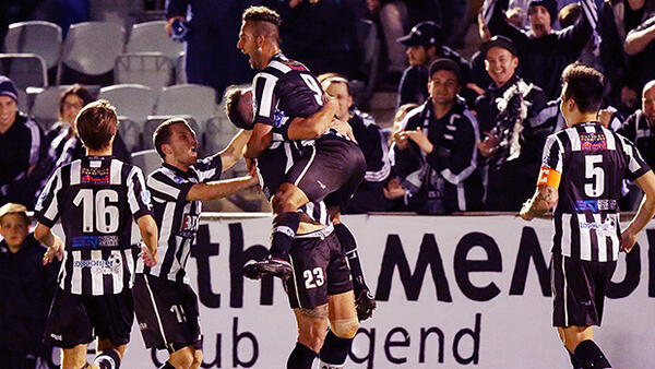Adelaide City celebrate after Anthony Costa's goal against Brisbane Strikers.