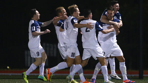 Palm Beach Sharks celebrate a goal in the 2014 Westfield FFA Cup.