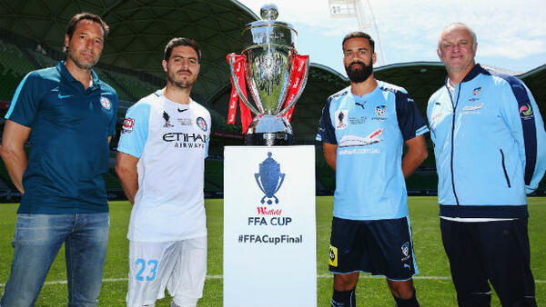 Melbourne City's John van't Schip and Bruno Fornaroli and Sydney FC's Alex Brosque and Graham Arnold.