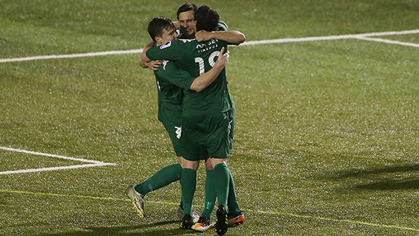 Bentleigh Greeens players celebrate their FFA Cup win over Blacktown City.