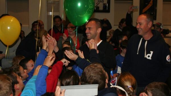 Socceroo Ivan Franjic celebrates with St Albans Saints after they qualified for the FFA Cup.