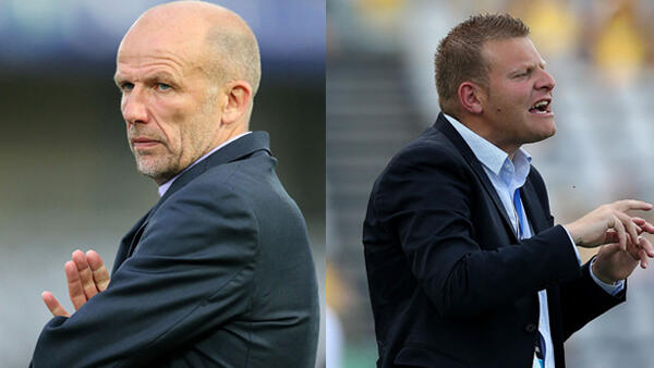 Perth Glory coach Kenny Lowe and Adelaide United boss Josep Gombau.