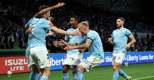 Samuel Souprayen of Melbourne City celebrates a goal with teammates during the A-League Men Elimination Final 2024