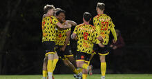 Marquez Walters of Moreton City celebrates scoring a goal during the 2024 Australia Cup Round of 32 match between Moreton City Excelsior FC and Campbelltown City SC at Wolter Park, on July 30, 2024