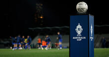 Australia Cup 2024 match ball on plinth at Lakeside Stadium