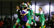 Bentleigh Greens players celebrate the win during the Australia Cup round of 32 match between Bentleigh Greens and Wellington Phoenix at Kingston Heath Soccer Complex on August 7, 2018 