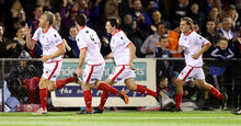 Daniel McBreen of Edgeworth FC celebrates a goal with team mates during the FFA Cup Round of 16 match between Edgeworth FC and the Newcastle Jets at Jack McLaughlan Oval on August 21, 2019