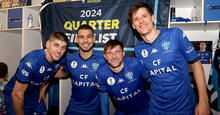 Harrison Sawyer, Mario Barcia, Andy Brennan and Marco Jankovic of South Melbourne FC celebrate victory during the 2024 Australia Cup Round of 16 match between South Melbourne FC and Olympic FC at Lakeside Stadium on August 25, 2024