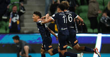 Jordi Valadon of the Victory celebrates after scoring a goal during the 2024 Australia Cup Semi Final match between Melbourne Victory and Adelaide United at AAMI Park 